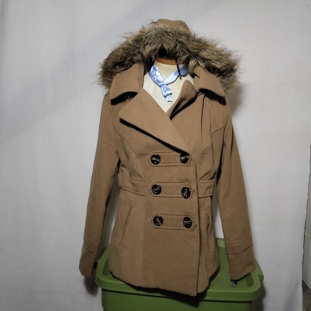 Dollhouse Outerwear Tan Double-Breasted Coat with Faux Fur Hood Size Medium